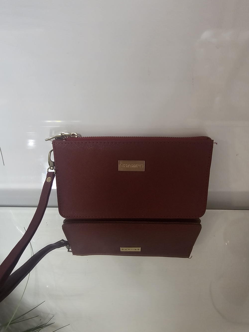Champs Burgundy Wristlet Clutch with Gold Plaque